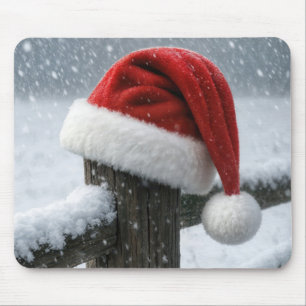 Santa Hat On a Snowy Fence Post Mouse Mat
