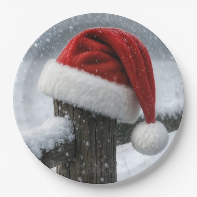 Santa Hat On a Snowy Fence Post Paper Plate (Front)