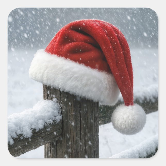 Santa Hat On a Snowy Fence Post Square Sticker (Front)