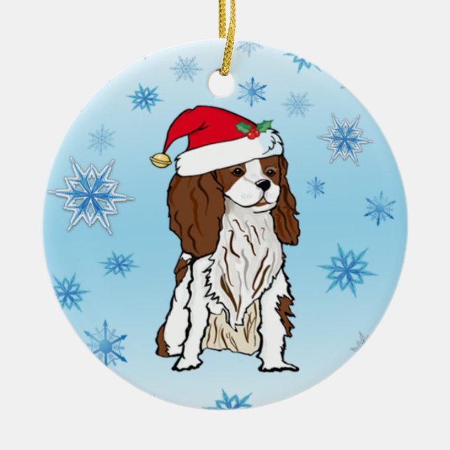 Santa Hat On Cavalier King Charles Ceramic Tree Decoration (Front)