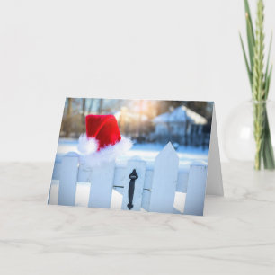 Santa Hat on White Picket Fence Card