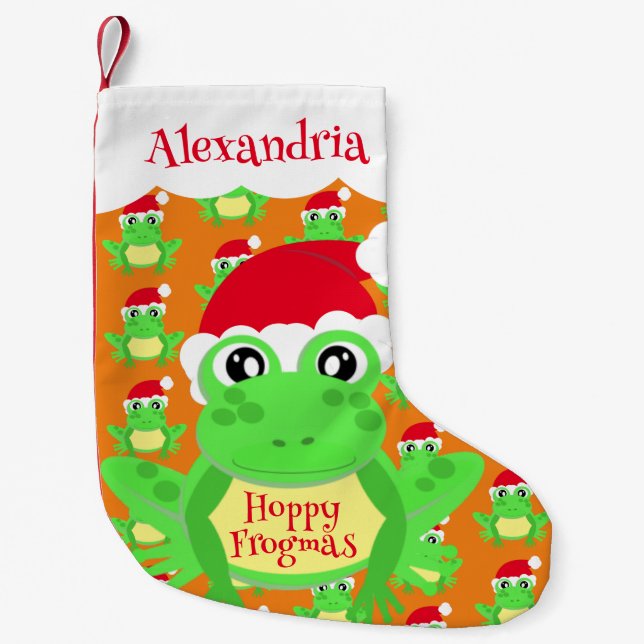 Santa Hat Orange Frog Cartoon Pattern Name Novelty Small Christmas Stocking (Front)