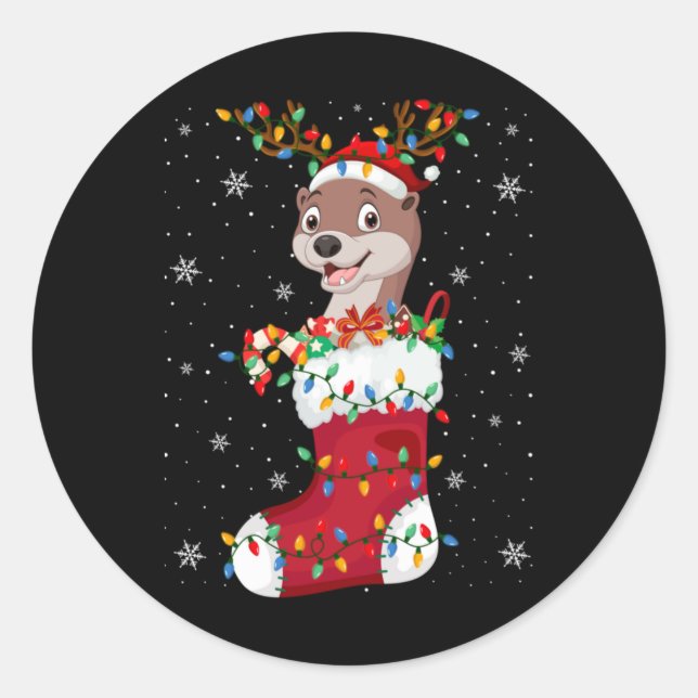 Santa Hat Otter Animal In Socks Xmas Tree Lights  Classic Round Sticker (Front)