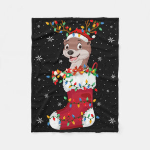 Santa Hat Otter Animal In Socks Xmas Tree Lights  Fleece Blanket