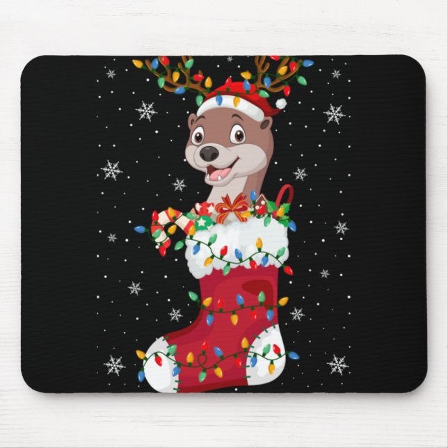 Santa Hat Otter Animal In Socks Xmas Tree Lights  Mouse Mat (Front)