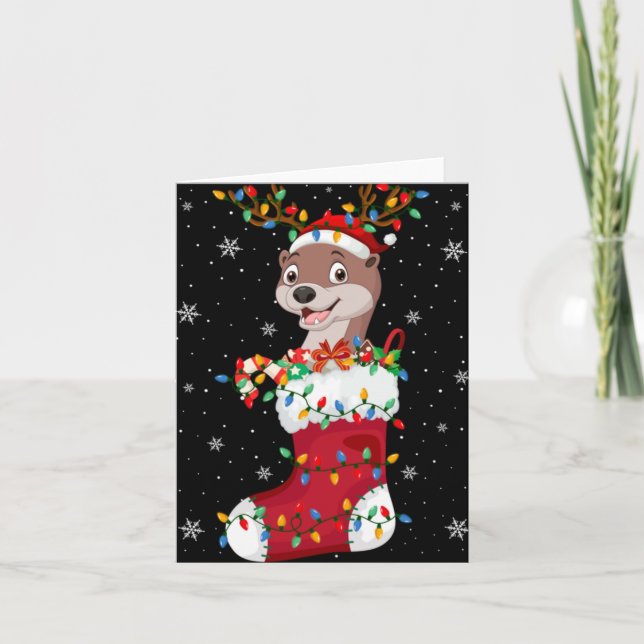 Santa Hat Otter Animal In Socks Xmas Tree Lights T Card (Front)