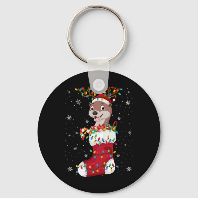 Santa Hat Otter Animal In Socks Xmas Tree Lights T Key Ring (Front)