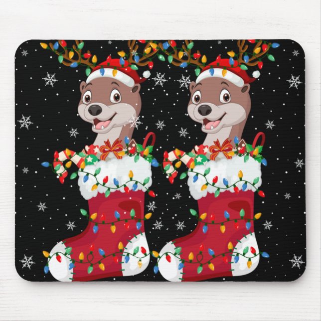 Santa Hat Otter Animal In Socks Xmas Tree Lights T Mouse Mat (Front)