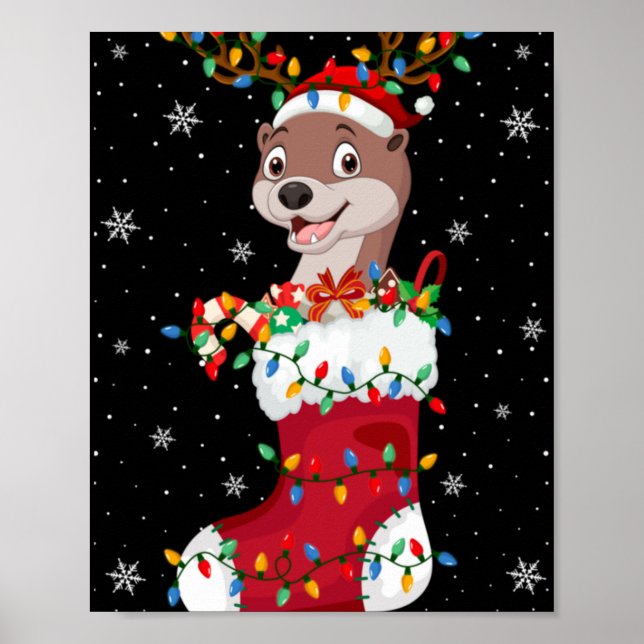 Santa Hat Otter Animal In Socks Xmas Tree Lights T Poster (Front)