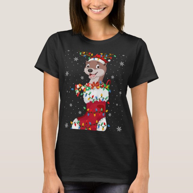 Santa Hat Otter Animal In Socks Xmas Tree Lights  T-Shirt (Front)