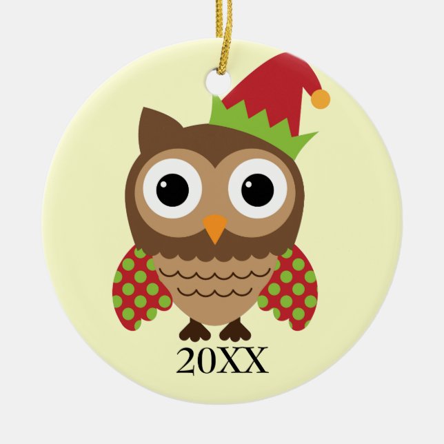 Santa Hat Owl with Polka Dot Wings Ornament (Front)