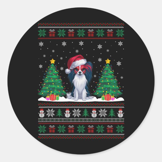 Santa Hat Papillon Dog Christmas Tree Lights Ugly  Classic Round Sticker (Front)