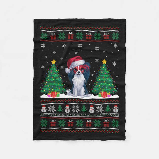 Santa Hat Papillon Dog Christmas Tree Lights Ugly  Fleece Blanket (Front)