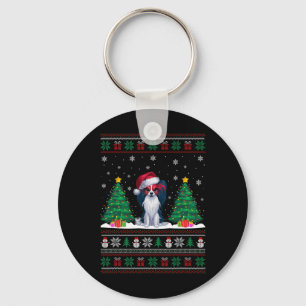 Santa Hat Papillon Dog Christmas Tree Lights Ugly  Key Ring