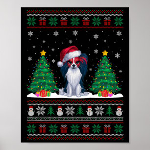 Santa Hat Papillon Dog Christmas Tree Lights Ugly  Poster