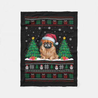 Santa Hat Pekingese Dog Christmas Tree Lights Ugly Fleece Blanket