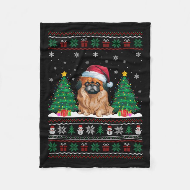 Santa Hat Pekingese Dog Christmas Tree Lights Ugly Fleece Blanket (Front)