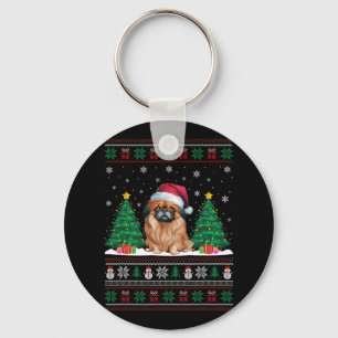 Santa Hat Pekingese Dog Christmas Tree Lights Ugly Key Ring
