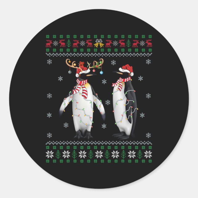 Santa Hat Penguin Bird Xmas Lighting Ugly Penguin  Classic Round Sticker (Front)