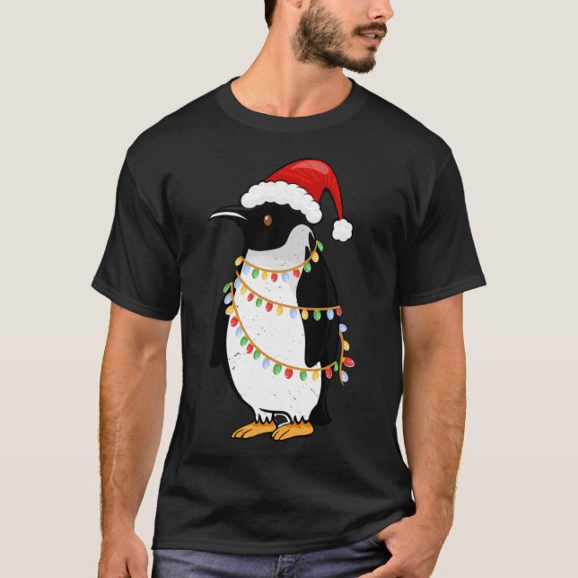 Santa Hat Penguin Christmas Lights Funny King Peng T-Shirt (Front)