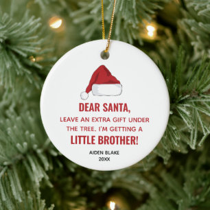 Santa Hat Personalised Expecting Little Brother Ceramic Tree Decoration