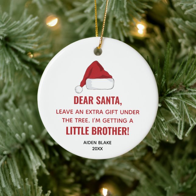 Santa Hat Personalised Expecting Little Brother Ceramic Tree Decoration (Tree)