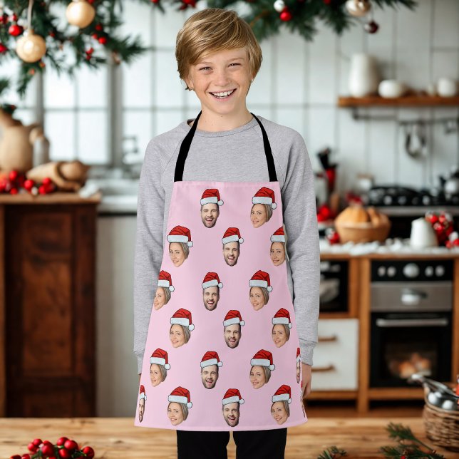 Santa Hat Personalised Face 2 Photo Christmas Gift Apron (Creator Uploaded)
