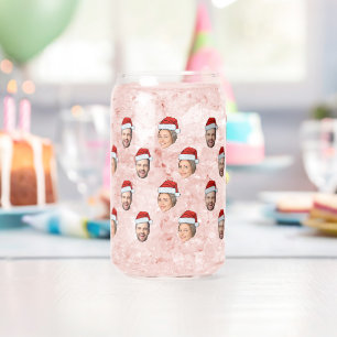 Santa Hat Personalised Face 2 Photo Christmas Gift Can Glass