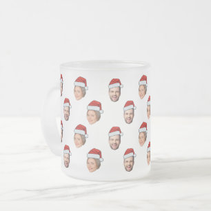 Santa Hat Personalised Face 2 Photo Christmas Gift Frosted Glass Coffee Mug