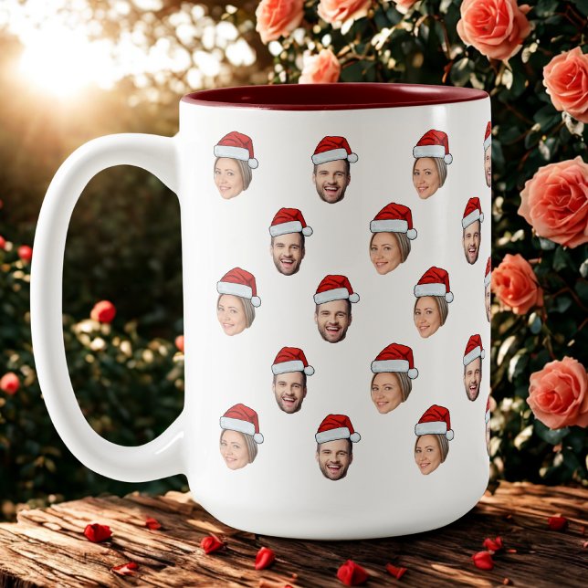 Santa Hat Personalised Face 2 Photo Christmas Gift Two-Tone Coffee Mug (Creator Uploaded)
