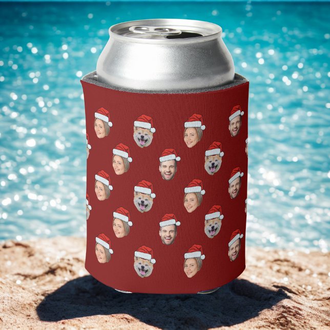 Santa Hat Personalised Face 3 Photo Christmas Gift Can Cooler (Creator Uploaded)