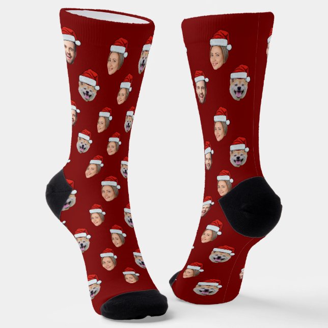Santa Hat Personalised Face 3 Photo Christmas Gift Socks (Angled)