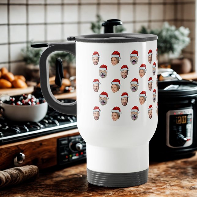 Santa Hat Personalised Face 3 Photo Christmas Gift Travel Mug (Creator Uploaded)