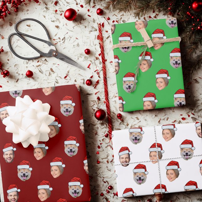 Santa Hat Personalised Face 3 Photo Christmas Gift Wrapping Paper Sheet (Creator Uploaded)