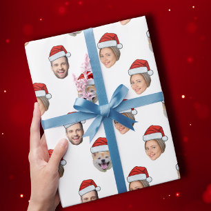 Santa Hat Personalized Face 3 Photo Christmas Gift Wrapping Paper