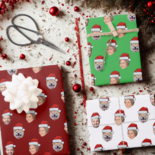 Santa Hat Personalized Face 3 Photo Christmas Gift Wrapping Paper Sheet