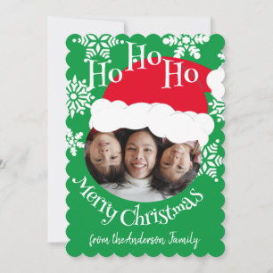 Santa Hat Photo Ho Ho Ho Merry Christmas Green Holiday Card