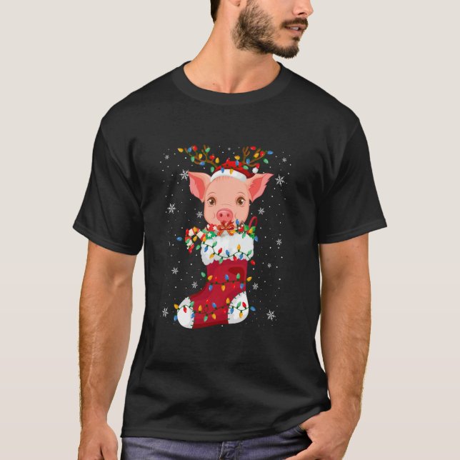 Santa Hat Pig Animal In Socks Xmas Tree Lights  T-Shirt (Front)