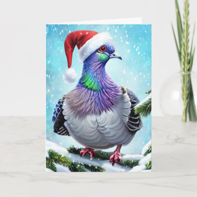 Santa Hat Pigeon in Falling Snow Christmas Card (Front)