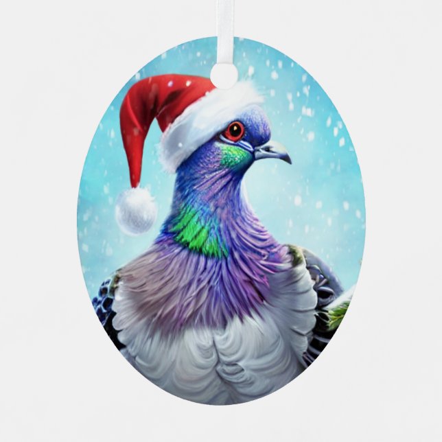 Santa Hat Pigeon in Falling Snow Christmas Metal Tree Decoration (Front)