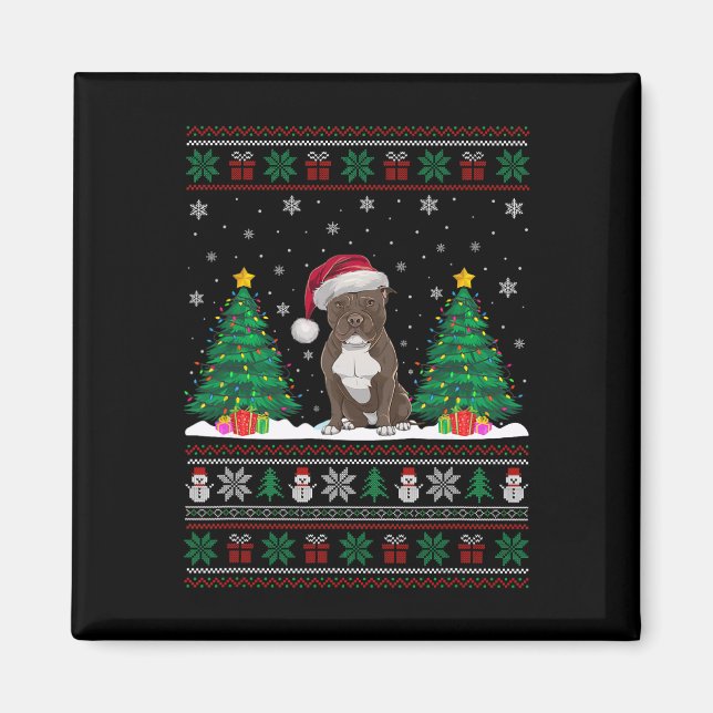 Santa Hat Pitbull Dog Christmas Tree Lights Ugly S Magnet (Front)