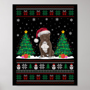 Santa Hat Pitbull Dog Christmas Tree Lights Ugly S Poster