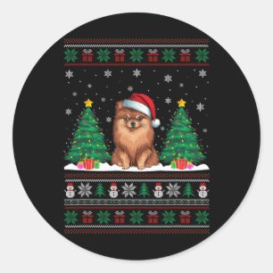 Santa Hat Pomeranian Dog Christmas Tree Lights Ugl Classic Round Sticker