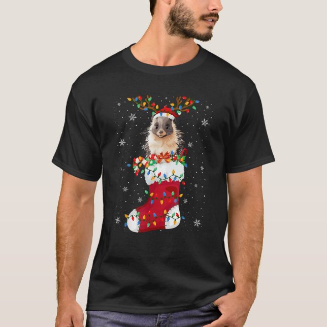 Santa Hat Porcupine Animal In Socks Xmas Tree Ligh T-Shirt (Front)