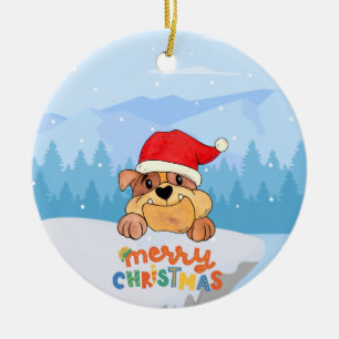 Santa Hat Puppy Snow Christmas Ceramic Ornament