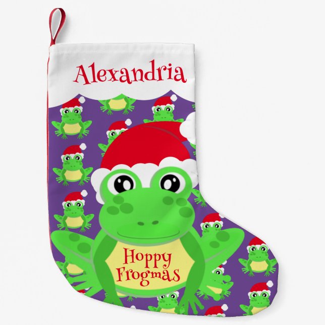 Santa Hat Purple Frog Cartoon Pattern Name Novelty Small Christmas Stocking (Front)