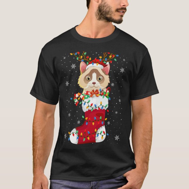Santa Hat Ragdoll Cat Animal In Socks Xmas Tree Li T-Shirt (Front)