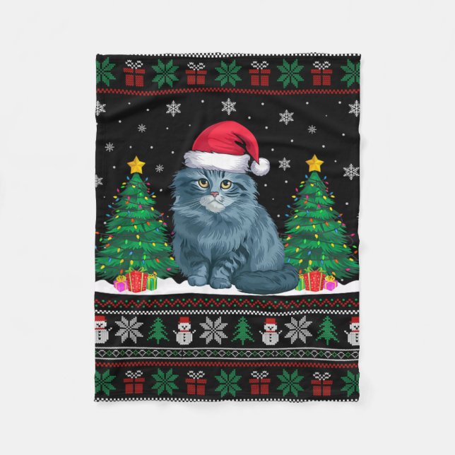 Santa Hat Ragdoll Cat Christmas Tree Lights Ugly S Fleece Blanket (Front)