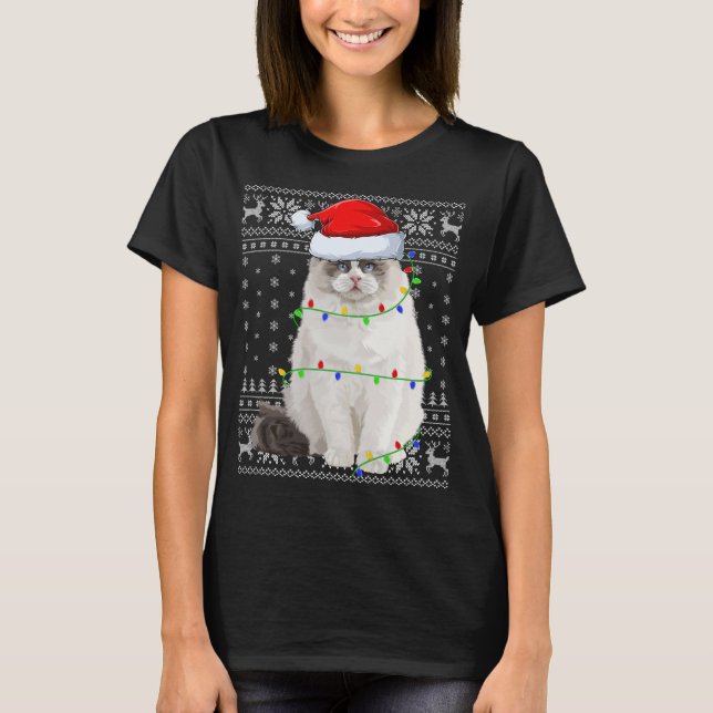 Santa Hat Ragdoll Cat Xmas Lighting Ugly Ragdoll C T-Shirt (Front)
