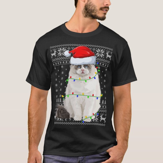 Santa Hat Ragdoll Cat Xmas Lighting Ugly Ragdoll C T-Shirt (Front)